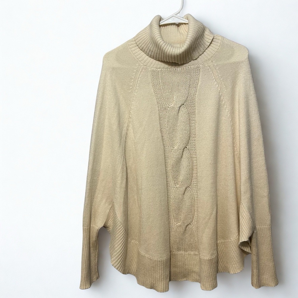 INC International Concepts Silk Angora Blend Cable Knit Poncho Sweater Beige M